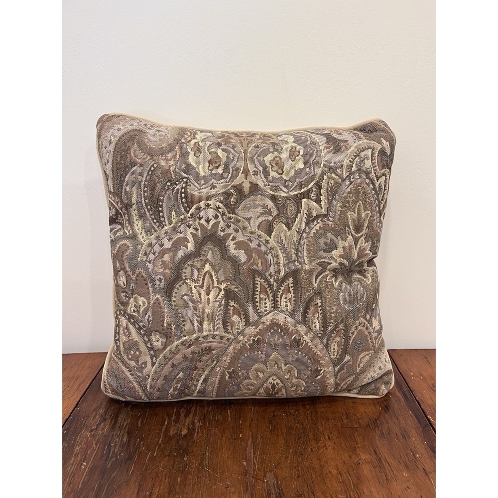 16"x16" Designer Pillow Exotic Paisley Tapestry Muted Greens, Cream, Earthy Tans